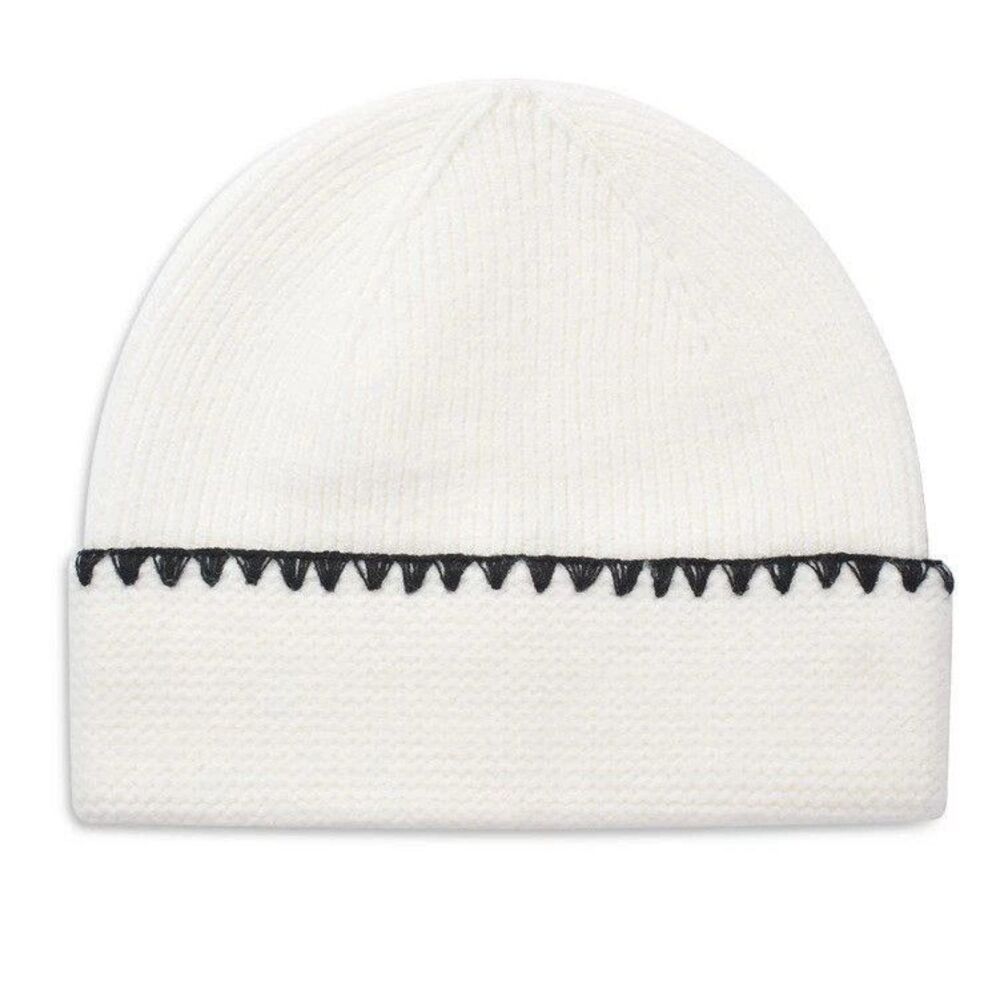 Aqua Women's Ribbed Knit Whipstitch Trim Beanie Luxury Winter Hat White One Size
